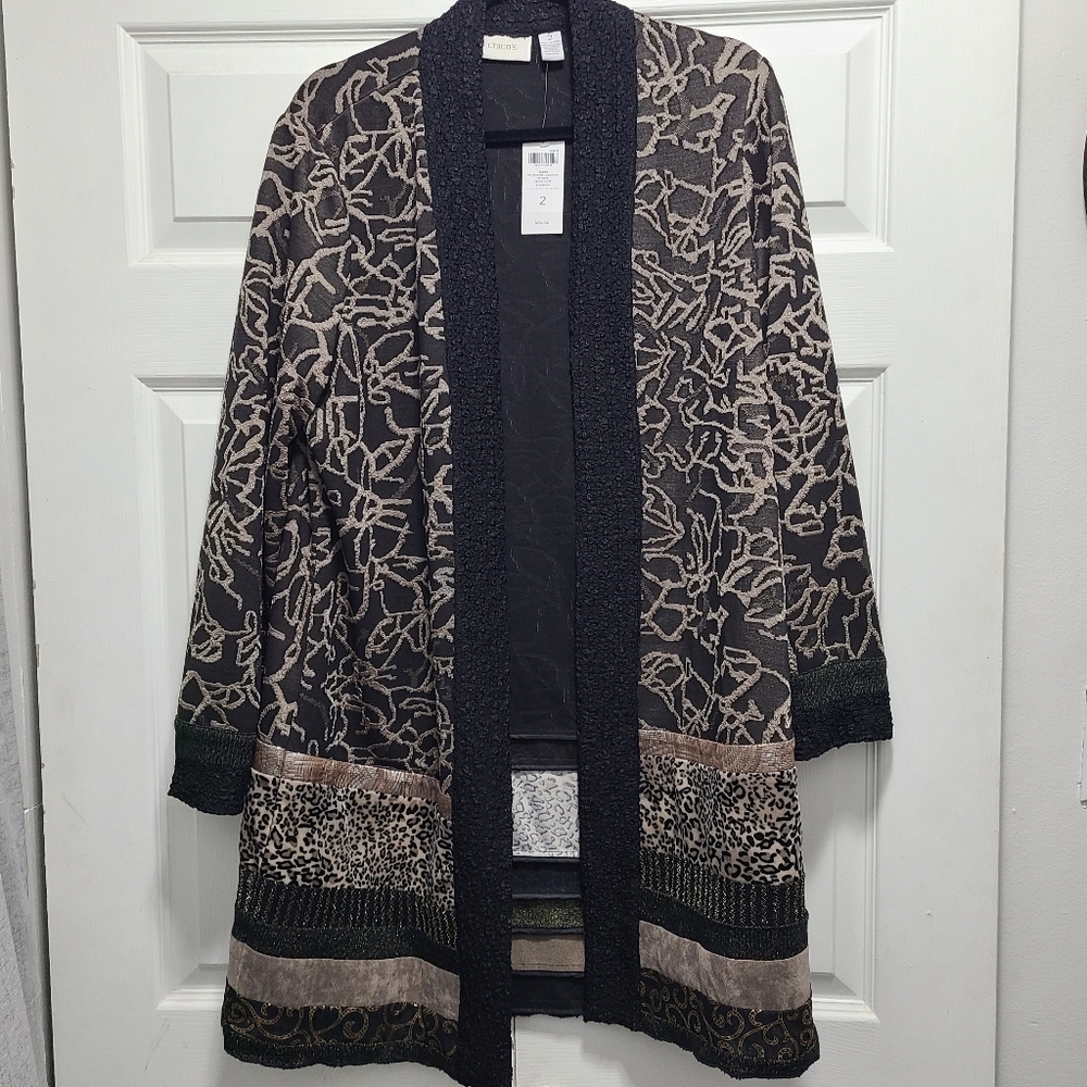 NWT CHICOS DUSTER PATCHWORK JACQUARD PATTERN TEXAS TAUPE 2‎ LARGE NWT